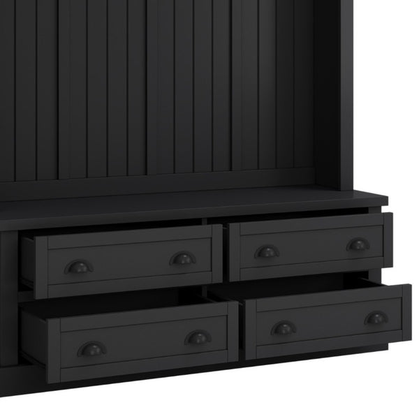 English Elm On-Trend Farmhouse Hall Tree with Beadboard Paneling Six Hooks and Four Drawers Black N721S000090B