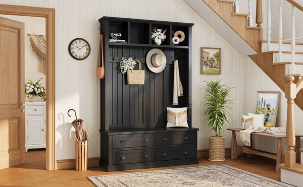 English Elm On-Trend Farmhouse Hall Tree with Beadboard Paneling Six Hooks and Four Drawers Black N721S000090B