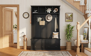 English Elm On-Trend Farmhouse Hall Tree with Beadboard Paneling Six Hooks and Four Drawers Black N721S000090B