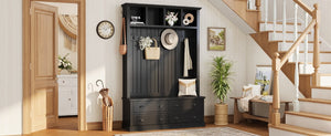 English Elm On-Trend Farmhouse Hall Tree with Beadboard Paneling Six Hooks and Four Drawers Black N721S000090B