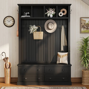 English Elm On-Trend Farmhouse Hall Tree with Beadboard Paneling Six Hooks and Four Drawers Black N721S000090B