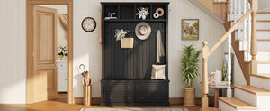 English Elm On-Trend Farmhouse Hall Tree with Beadboard Paneling Six Hooks and Four Drawers Black N721S000090B