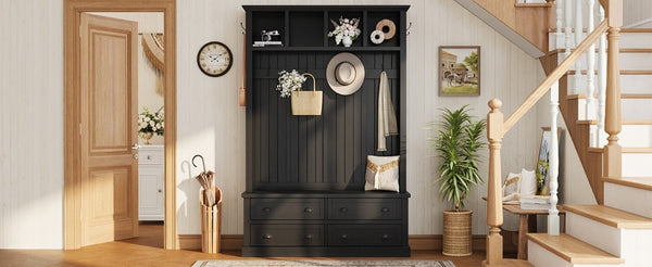 English Elm On-Trend Farmhouse Hall Tree with Beadboard Paneling Six Hooks and Four Drawers Black N721S000090B