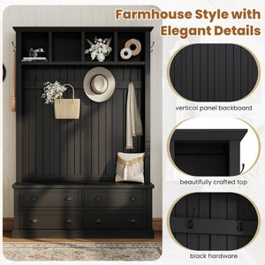 English Elm On-Trend Farmhouse Hall Tree with Beadboard Paneling Six Hooks and Four Drawers Black N721S000090B