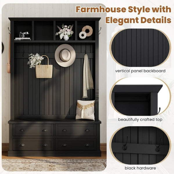 English Elm On-Trend Farmhouse Hall Tree with Beadboard Paneling Six Hooks and Four Drawers Black N721S000090B