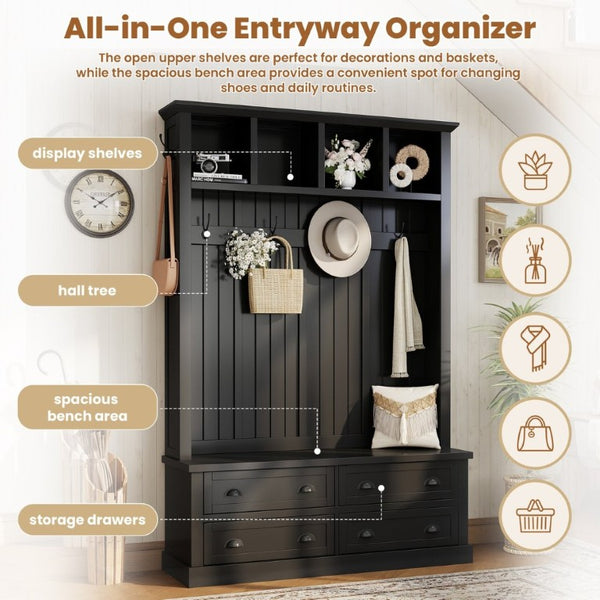 English Elm On-Trend Farmhouse Hall Tree with Beadboard Paneling Six Hooks and Four Drawers Black N721S000090B