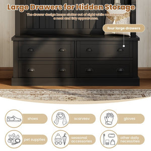 English Elm On-Trend Farmhouse Hall Tree with Beadboard Paneling Six Hooks and Four Drawers Black N721S000090B