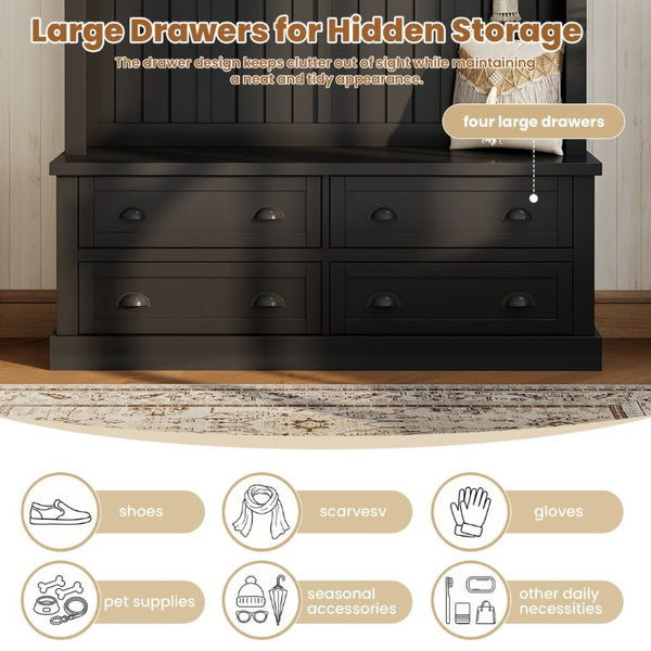 English Elm On-Trend Farmhouse Hall Tree with Beadboard Paneling Six Hooks and Four Drawers Black N721S000090B
