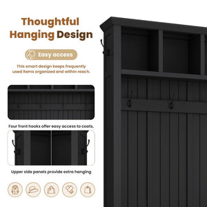 English Elm On-Trend Farmhouse Hall Tree with Beadboard Paneling Six Hooks and Four Drawers Black N721S000090B