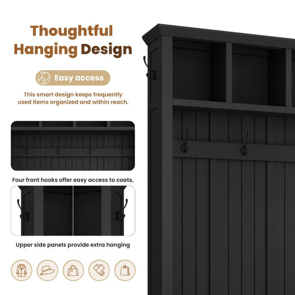 English Elm On-Trend Farmhouse Hall Tree with Beadboard Paneling Six Hooks and Four Drawers Black N721S000090B