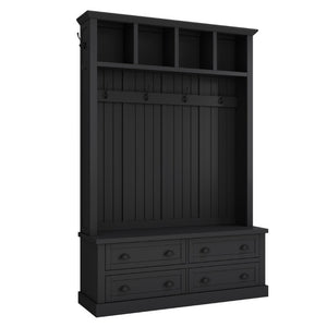English Elm On-Trend Farmhouse Hall Tree with Beadboard Paneling Six Hooks and Four Drawers Black N721S000090B