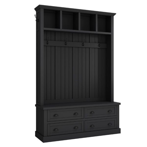 English Elm On-Trend Farmhouse Hall Tree with Beadboard Paneling Six Hooks and Four Drawers Black N721S000090B