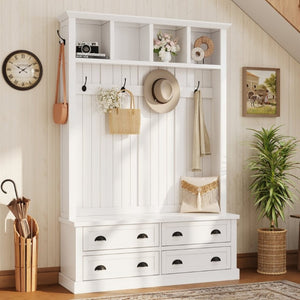English Elm On-Trend Farmhouse Hall Tree with Beadboard Paneling Six Hooks and Four Drawers White N721S000090K