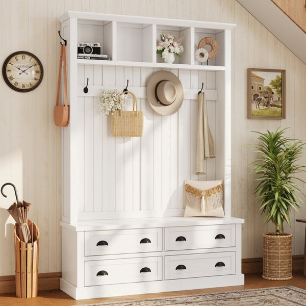 English Elm On-Trend Farmhouse Hall Tree with Beadboard Paneling Six Hooks and Four Drawers White N721S000090K