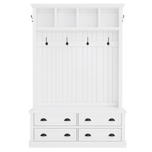 English Elm On-Trend Farmhouse Hall Tree with Beadboard Paneling Six Hooks and Four Drawers White N721S000090K