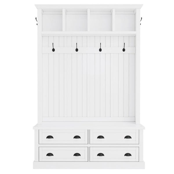 English Elm On-Trend Farmhouse Hall Tree with Beadboard Paneling Six Hooks and Four Drawers White N721S000090K