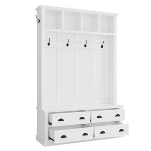 English Elm On-Trend Farmhouse Hall Tree with Beadboard Paneling Six Hooks and Four Drawers White N721S000090K