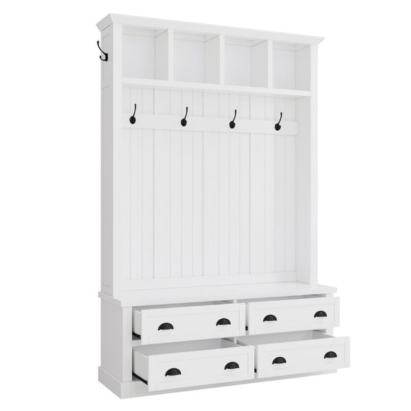 English Elm On-Trend Farmhouse Hall Tree with Beadboard Paneling Six Hooks and Four Drawers White N721S000090K