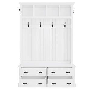 English Elm On-Trend Farmhouse Hall Tree with Beadboard Paneling Six Hooks and Four Drawers White N721S000090K