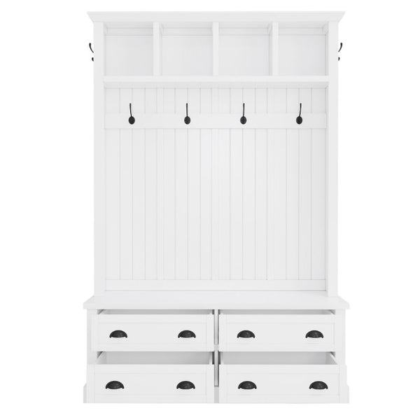 English Elm On-Trend Farmhouse Hall Tree with Beadboard Paneling Six Hooks and Four Drawers White N721S000090K