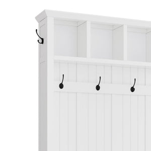 English Elm On-Trend Farmhouse Hall Tree with Beadboard Paneling Six Hooks and Four Drawers White N721S000090K