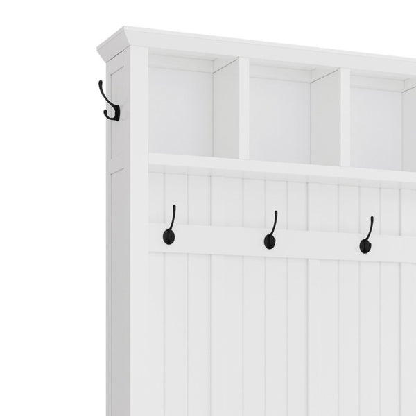 English Elm On-Trend Farmhouse Hall Tree with Beadboard Paneling Six Hooks and Four Drawers White N721S000090K