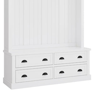 English Elm On-Trend Farmhouse Hall Tree with Beadboard Paneling Six Hooks and Four Drawers White N721S000090K