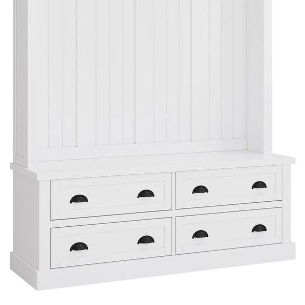 English Elm On-Trend Farmhouse Hall Tree with Beadboard Paneling Six Hooks and Four Drawers White N721S000090K