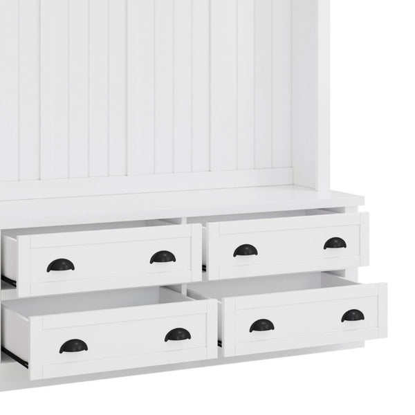 English Elm On-Trend Farmhouse Hall Tree with Beadboard Paneling Six Hooks and Four Drawers White N721S000090K