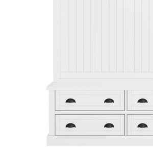 English Elm On-Trend Farmhouse Hall Tree with Beadboard Paneling Six Hooks and Four Drawers White N721S000090K