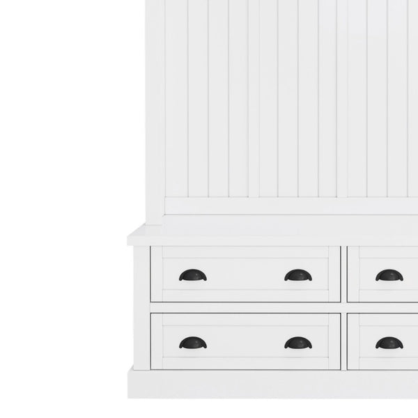 English Elm On-Trend Farmhouse Hall Tree with Beadboard Paneling Six Hooks and Four Drawers White N721S000090K
