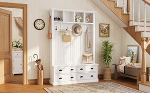 English Elm On-Trend Farmhouse Hall Tree with Beadboard Paneling Six Hooks and Four Drawers White N721S000090K