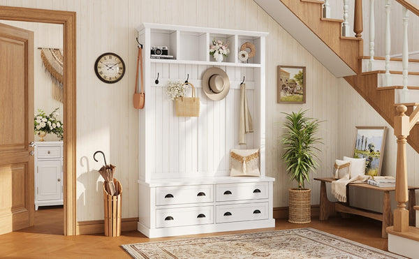 English Elm On-Trend Farmhouse Hall Tree with Beadboard Paneling Six Hooks and Four Drawers White N721S000090K