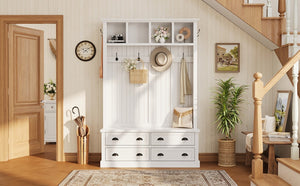 English Elm On-Trend Farmhouse Hall Tree with Beadboard Paneling Six Hooks and Four Drawers White N721S000090K
