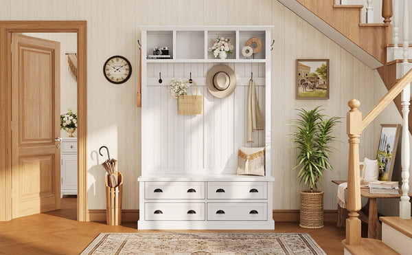English Elm On-Trend Farmhouse Hall Tree with Beadboard Paneling Six Hooks and Four Drawers White N721S000090K