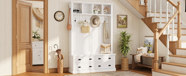 English Elm On-Trend Farmhouse Hall Tree with Beadboard Paneling Six Hooks and Four Drawers White N721S000090K