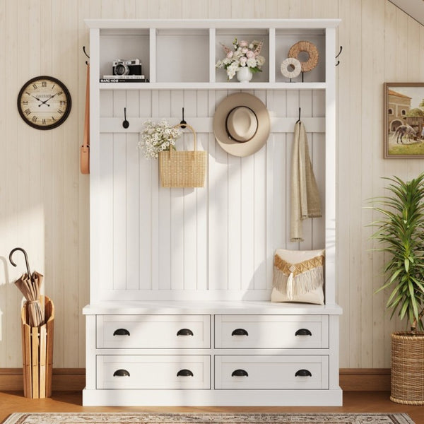 English Elm On-Trend Farmhouse Hall Tree with Beadboard Paneling Six Hooks and Four Drawers White N721S000090K