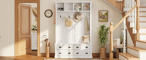 English Elm On-Trend Farmhouse Hall Tree with Beadboard Paneling Six Hooks and Four Drawers White N721S000090K