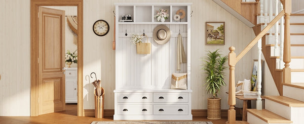 English Elm On-Trend Farmhouse Hall Tree with Beadboard Paneling Six Hooks and Four Drawers White N721S000090K