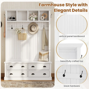 English Elm On-Trend Farmhouse Hall Tree with Beadboard Paneling Six Hooks and Four Drawers White N721S000090K