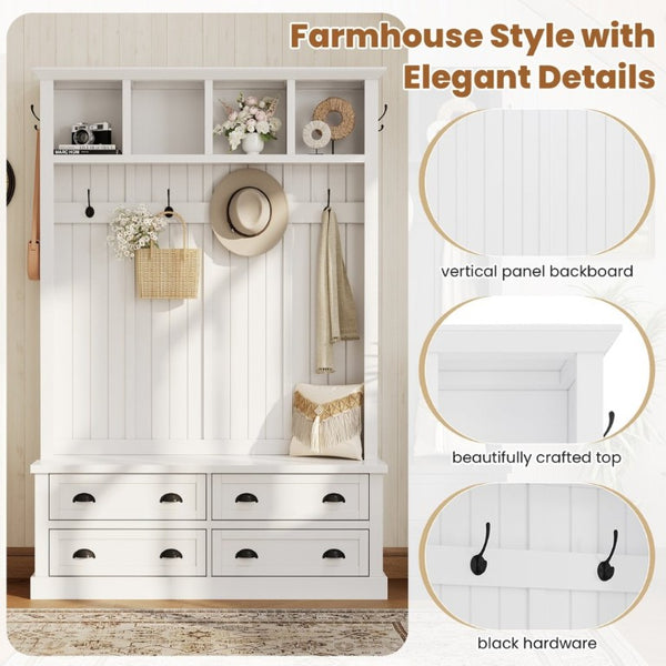 English Elm On-Trend Farmhouse Hall Tree with Beadboard Paneling Six Hooks and Four Drawers White N721S000090K