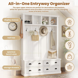 English Elm On-Trend Farmhouse Hall Tree with Beadboard Paneling Six Hooks and Four Drawers White N721S000090K