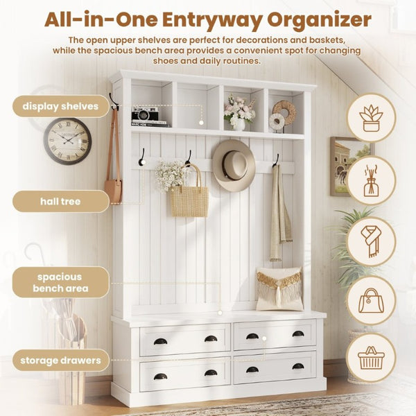 English Elm On-Trend Farmhouse Hall Tree with Beadboard Paneling Six Hooks and Four Drawers White N721S000090K