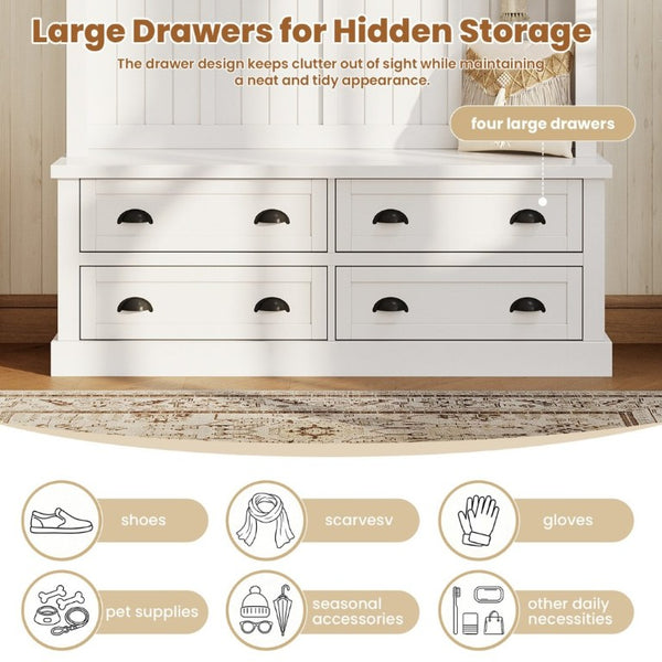 English Elm On-Trend Farmhouse Hall Tree with Beadboard Paneling Six Hooks and Four Drawers White N721S000090K