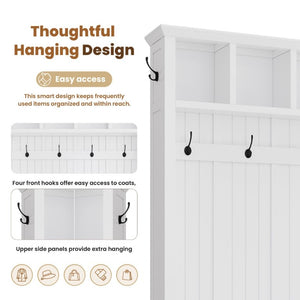 English Elm On-Trend Farmhouse Hall Tree with Beadboard Paneling Six Hooks and Four Drawers White N721S000090K