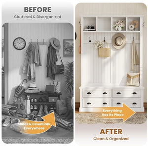 English Elm On-Trend Farmhouse Hall Tree with Beadboard Paneling Six Hooks and Four Drawers White N721S000090K