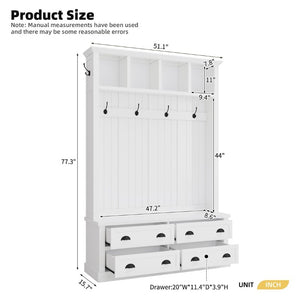 English Elm On-Trend Farmhouse Hall Tree with Beadboard Paneling Six Hooks and Four Drawers White N721S000090K