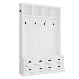 English Elm On-Trend Farmhouse Hall Tree with Beadboard Paneling Six Hooks and Four Drawers White N721S000090K