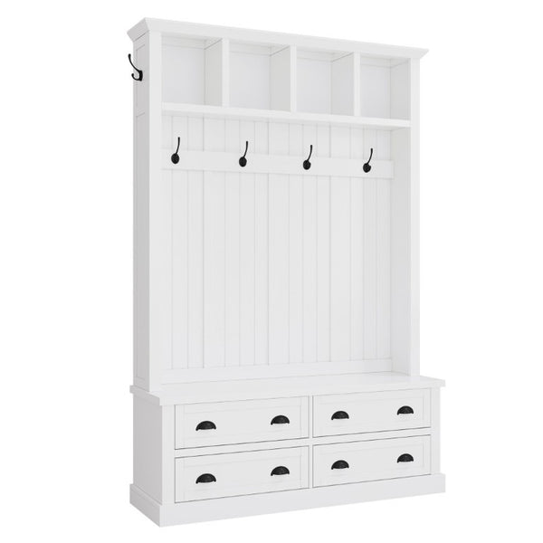 English Elm On-Trend Farmhouse Hall Tree with Beadboard Paneling Six Hooks and Four Drawers White N721S000090K