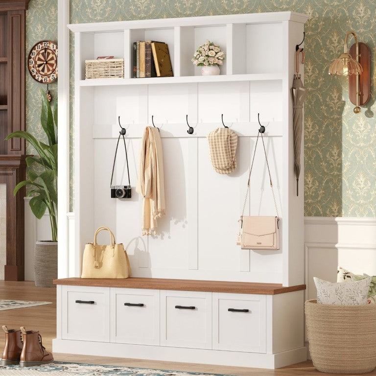 English Elm On-Trend Farmhouse Entryway Hall Tree with Seven Hooks Enclosed Cabinets Open Shelving White N721S000091K